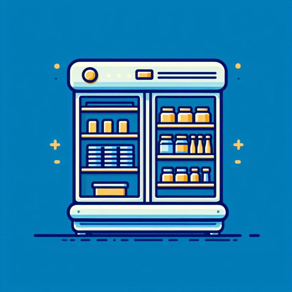Blue and Gold Supermarket Refrigerator and Shelves